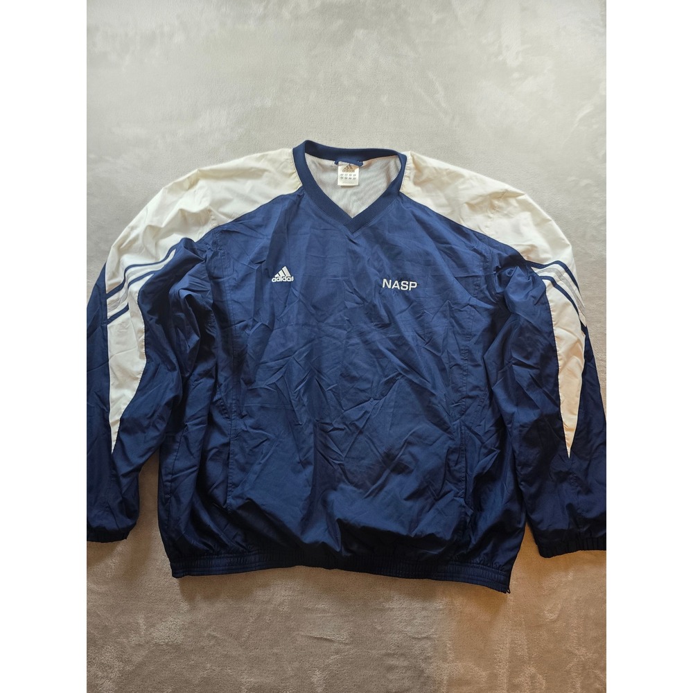 Vintage Adidas Windbreaker Jacket Mens 2XL XXL Blue NASP V Neck Pockets Side Zip